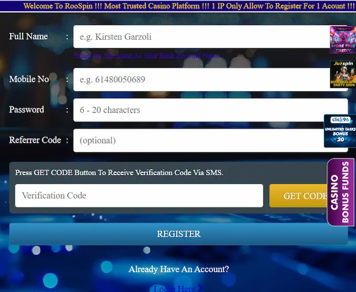 RooSpin Casino Austria register